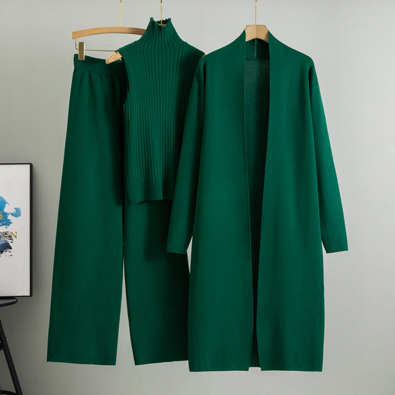 Dark Green Elegant Knit Vest Three Piece Set