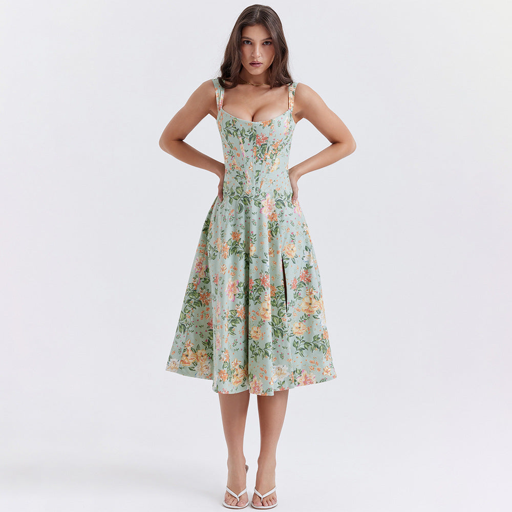 Floral Print Corset Boning Scoop Neck Tank Strap Side Slit A-Line Midi Dress