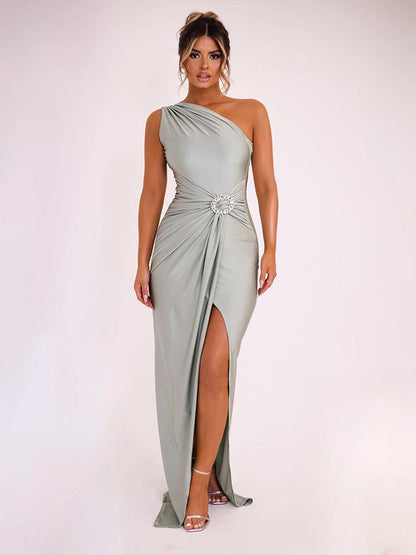 One Shoulder Sleeveless High Slit Buckle Maxi Dress