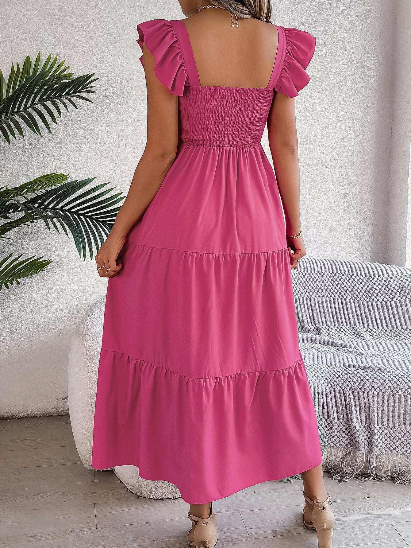 Square Neck Smocked Ruffle Cap Sleeve Tiered Midi Dress