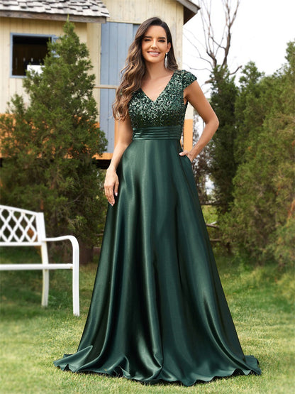 Sequined V neck Evening Dress for Cocktail Elegant Satin A line Dress Party