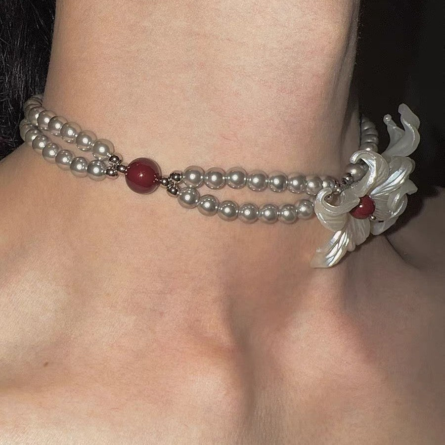 Iris Flower Silver Pearl NeckLace