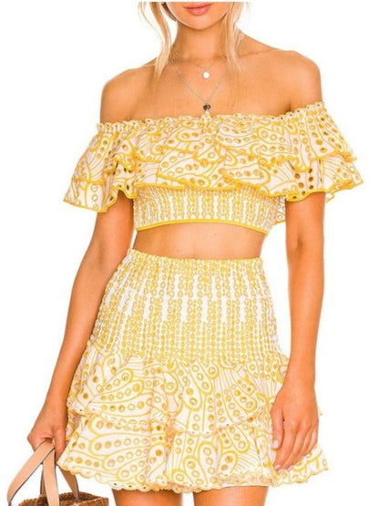 Embroidered Ruffle Crop Top & Short Skirt Coord Set