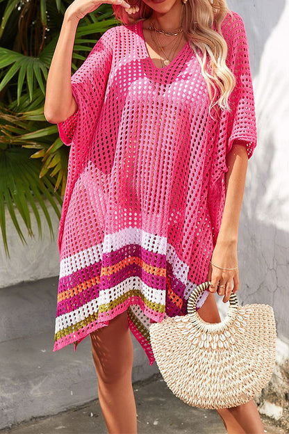 Color Block V Neck Slit Hollow Short Sleeved Knitted Cover Up