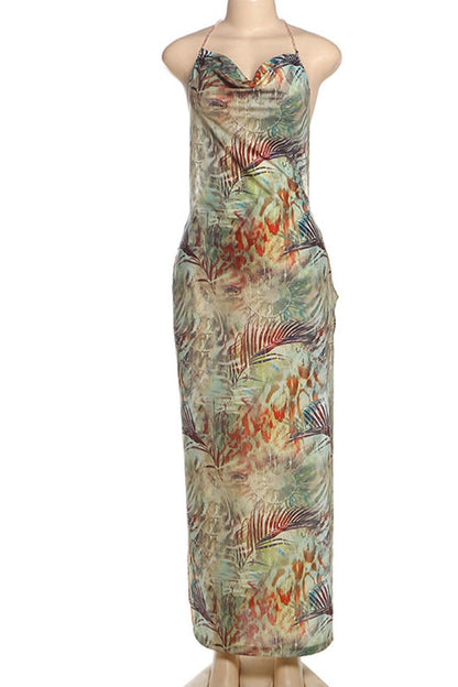 Floral Print Sexy Backless Slit See-Through Holiday Maxi Dress