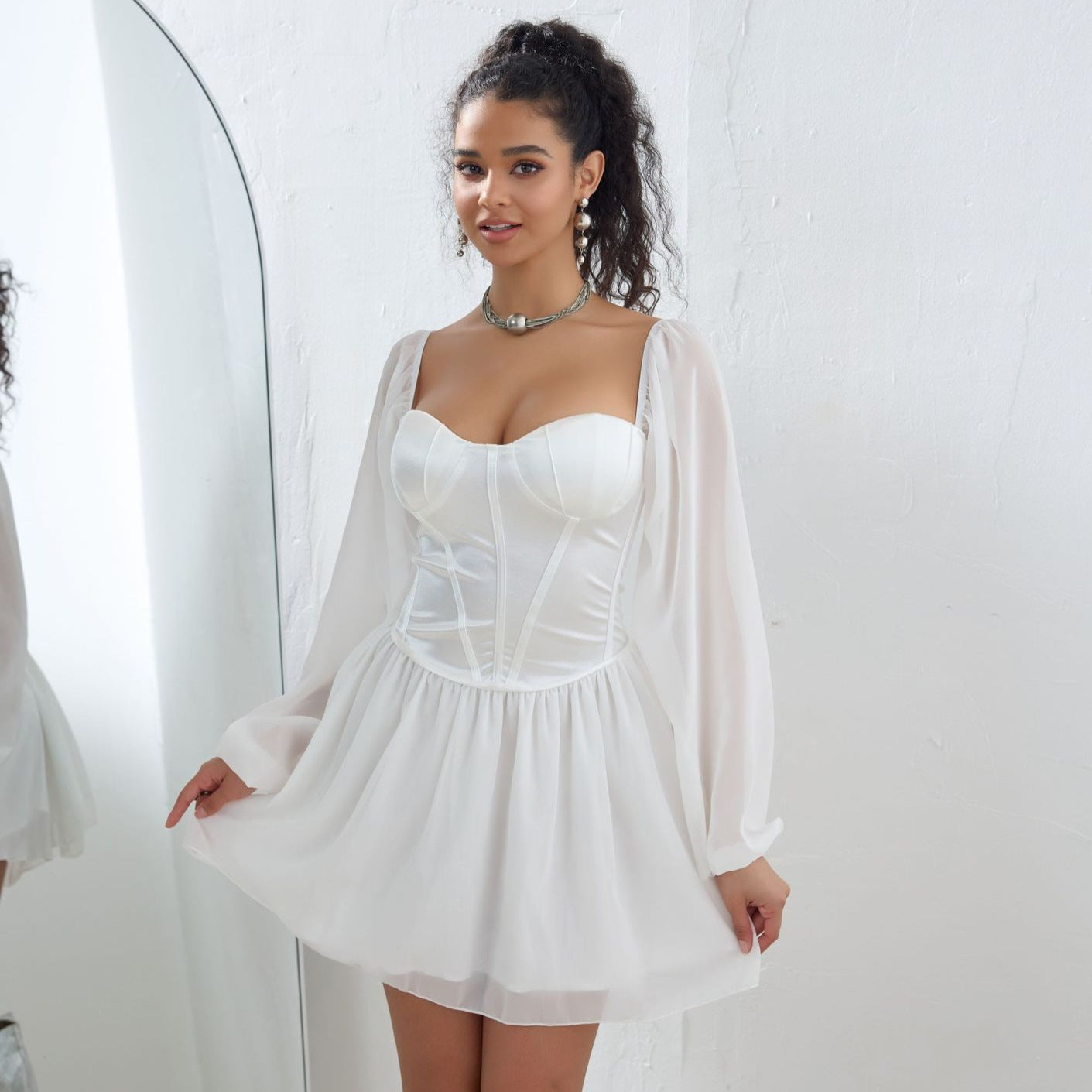 Sweetheart Corset Puff Sleeve Mesh Overlay Mini Dress