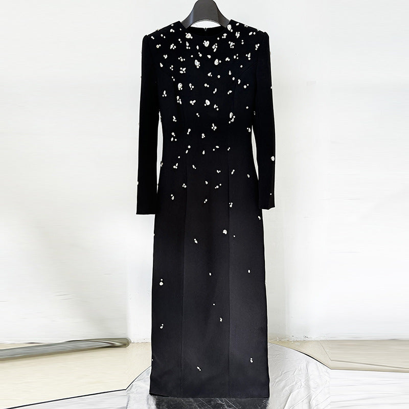 Crew Neck Long Sleeve Crystal Embellished Column Maxi Gown