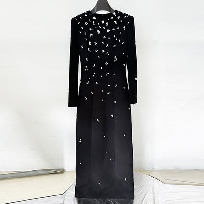 Crew Neck Long Sleeve Crystal Embellished Column Maxi Gown