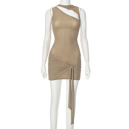 Solid Color Vacation round Neck Sleeveless Hollow Out Cutout out Strap Dress