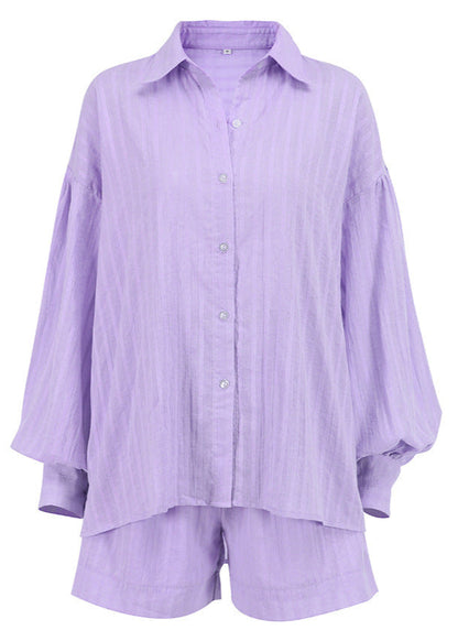 Lilac Drift - Striped Cotton Shirt and Shorts Set