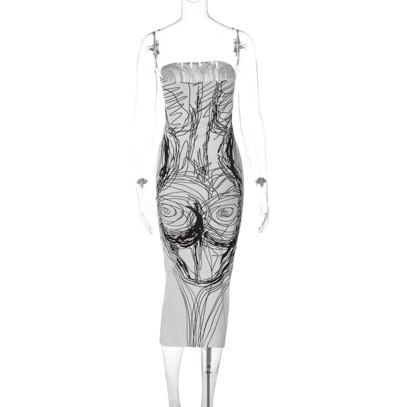 Print contrast backless tube midi dress