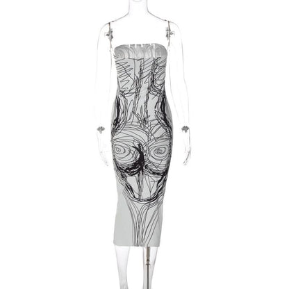 Print contrast backless tube midi dress