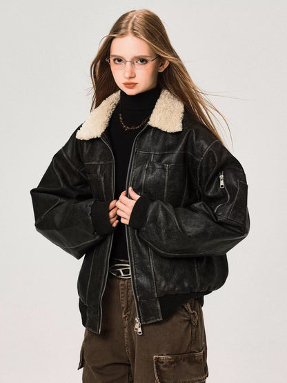 PU Leather Jacket with Lamb Wool Collar