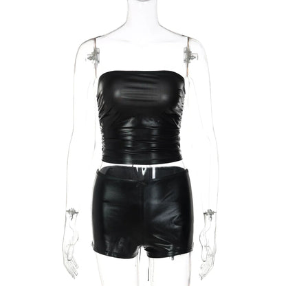 Lace-Up PU Leather Short Set