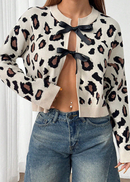 Wild Charm - Bow Tie Leopard Knit Cardigan