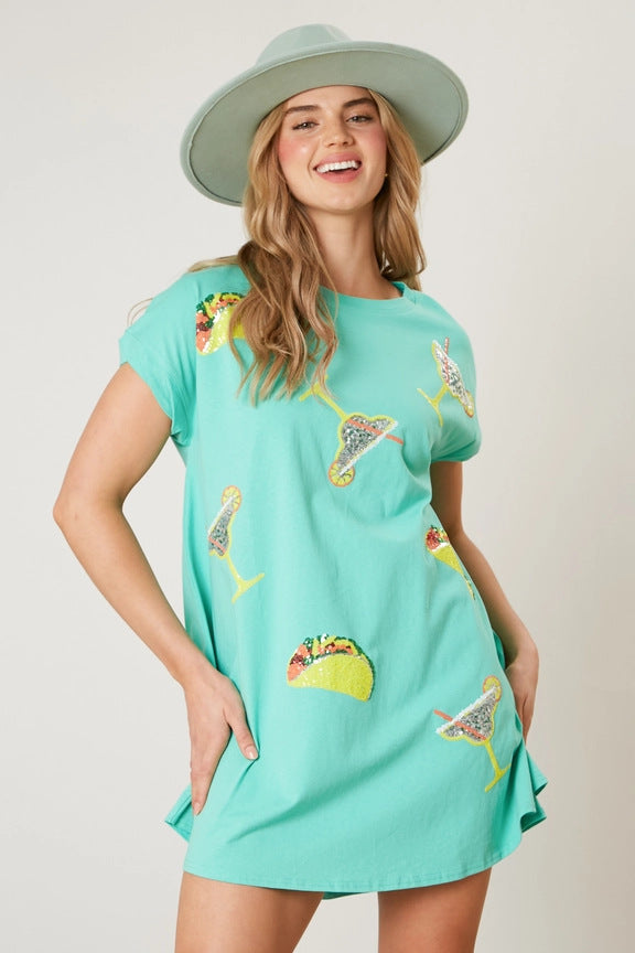 Taco Margarita Sequin Applique Crew Neck T-Shirt Mini Dress