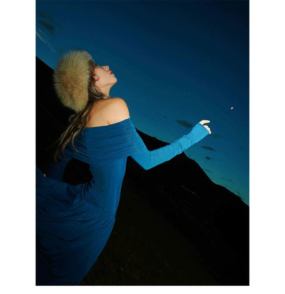 French Klein Blue Off-Shoulder Slim Dress