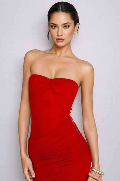 Nydia Red Strapless Sheer Mesh Maxi Dress