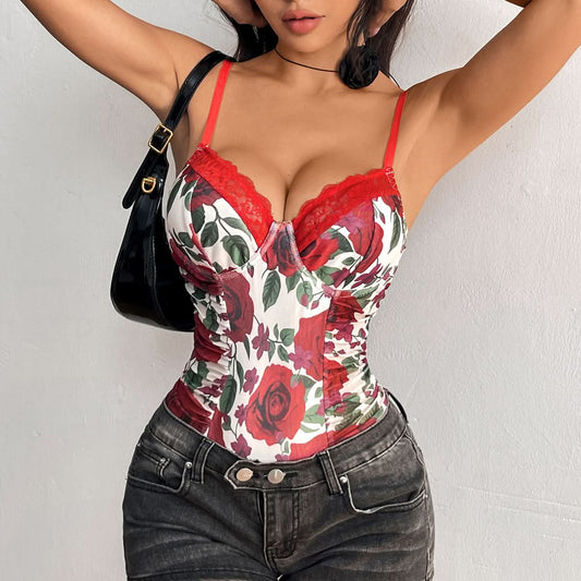 V neck lace hem ruched flower applique cami bodysuit
