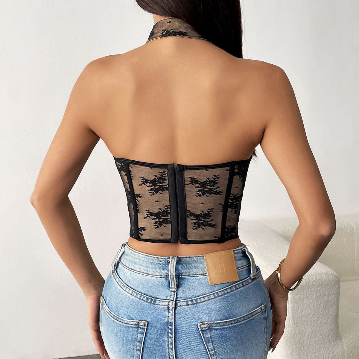 Halter button lace hollow out corset cut out top