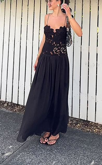 Stephanie Flower Crochet Lace Bust Chiffon Fluffy Hem Maxi Dress