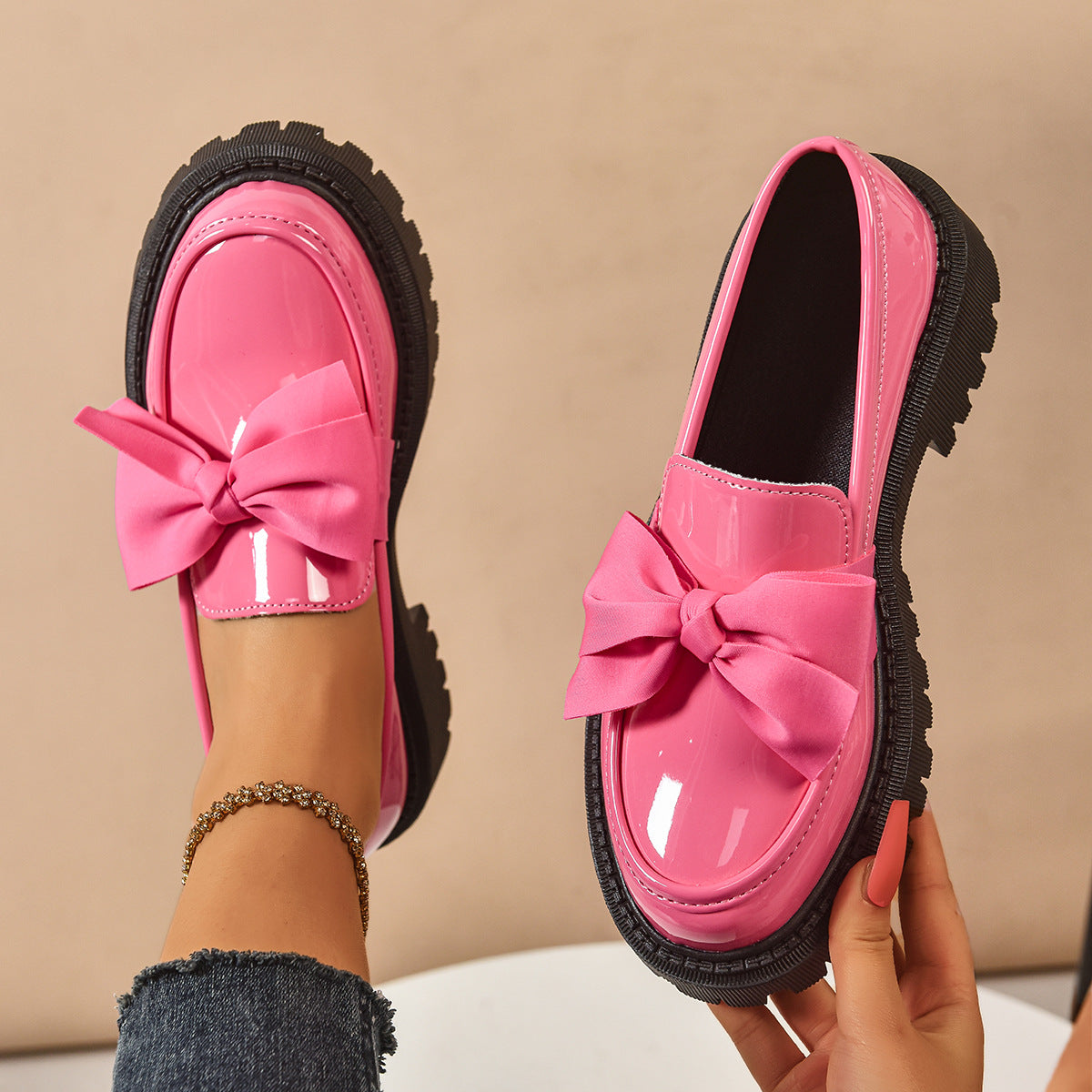 AmyVictoria | Elegant Solid Color Bowknot Slip-On Loafers