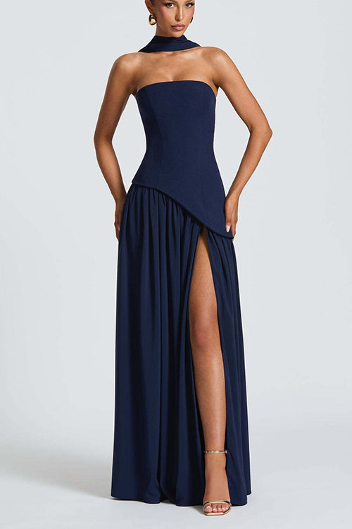 consonak Strapless Back Lace-up High Slit Splice Maxi Dress