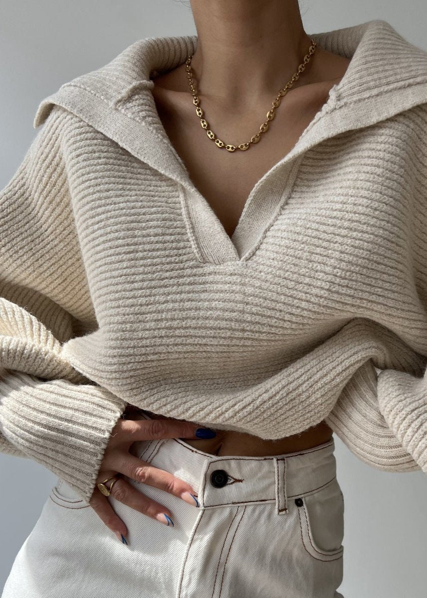 Oversized Ribbed Knit Collared Sweater