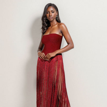 Strapless Fringe Red Dress