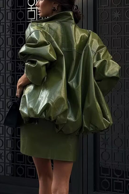 Solid Color Loose Long Sleeve Pocket Casual Leather Jacket