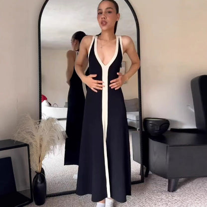 Contrast Trim Deep V Tank Strap Knit Maxi Dress