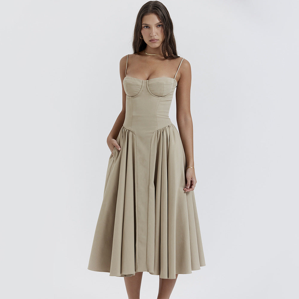 Spaghetti Strap Bustier Basque Waist Pleated Pocket Midi Dress