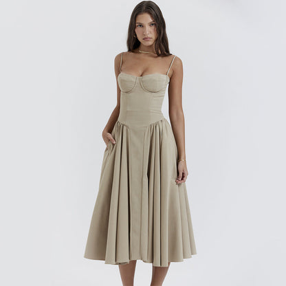 Spaghetti Strap Bustier Basque Waist Pleated Pocket Midi Dress