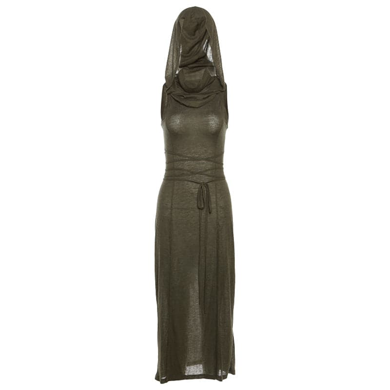 Cowl Neck Tie Waist Double Slit Sleeveless Maxi Dress