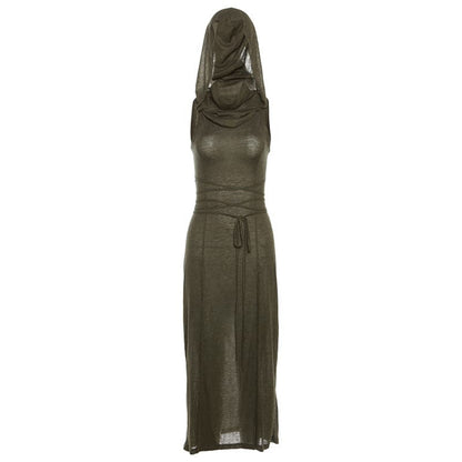 Cowl Neck Tie Waist Double Slit Sleeveless Maxi Dress