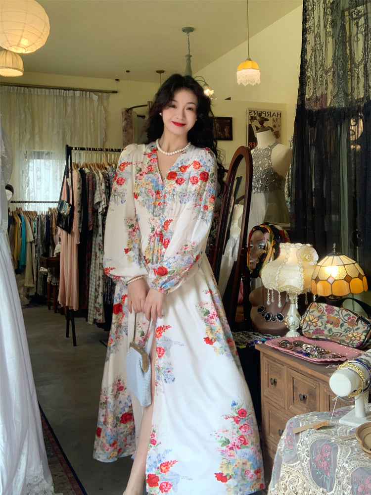 Summer Meadow Vintage Puff Sleeve Dress French Floral Maxi Gown