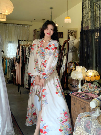 Summer Meadow Vintage Puff Sleeve Dress French Floral Maxi Gown