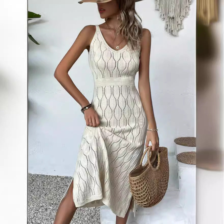 Pointelle Knit Hollow Out V Neck Sleeveless Maxi Dress