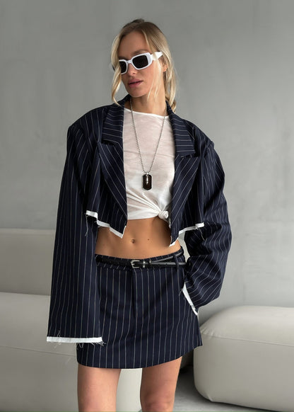 Pinstripe Cropped Blazer & Mini Skirt Set