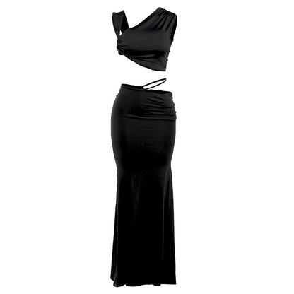 Ruched irregular solid crop maxi skirt set-final-sale