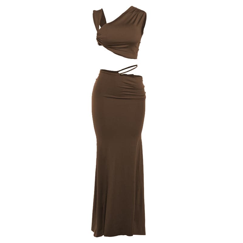 Ruched irregular solid crop maxi skirt set-final-sale