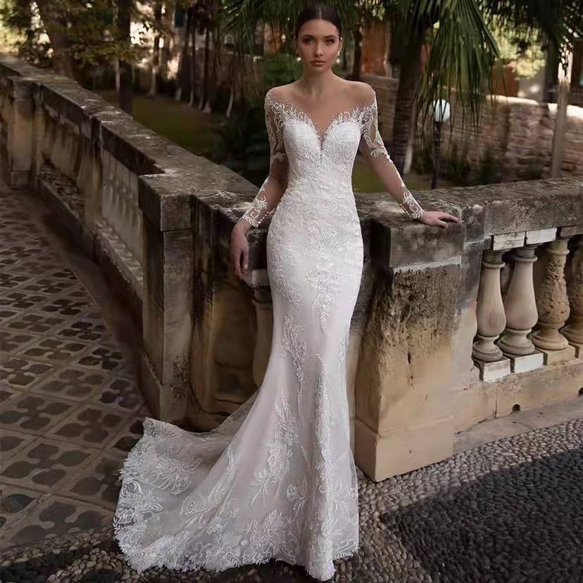 Deep V-Neck Long Sleeve Wedding Dress