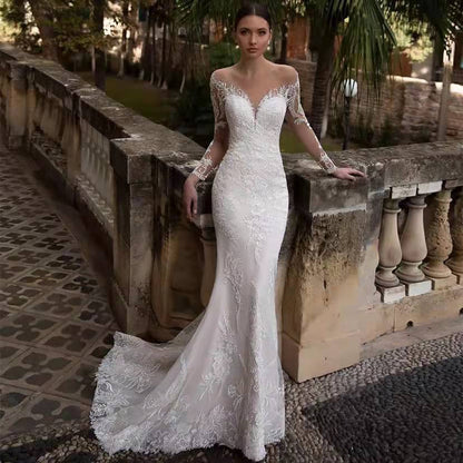 Deep V-Neck Long Sleeve Wedding Dress