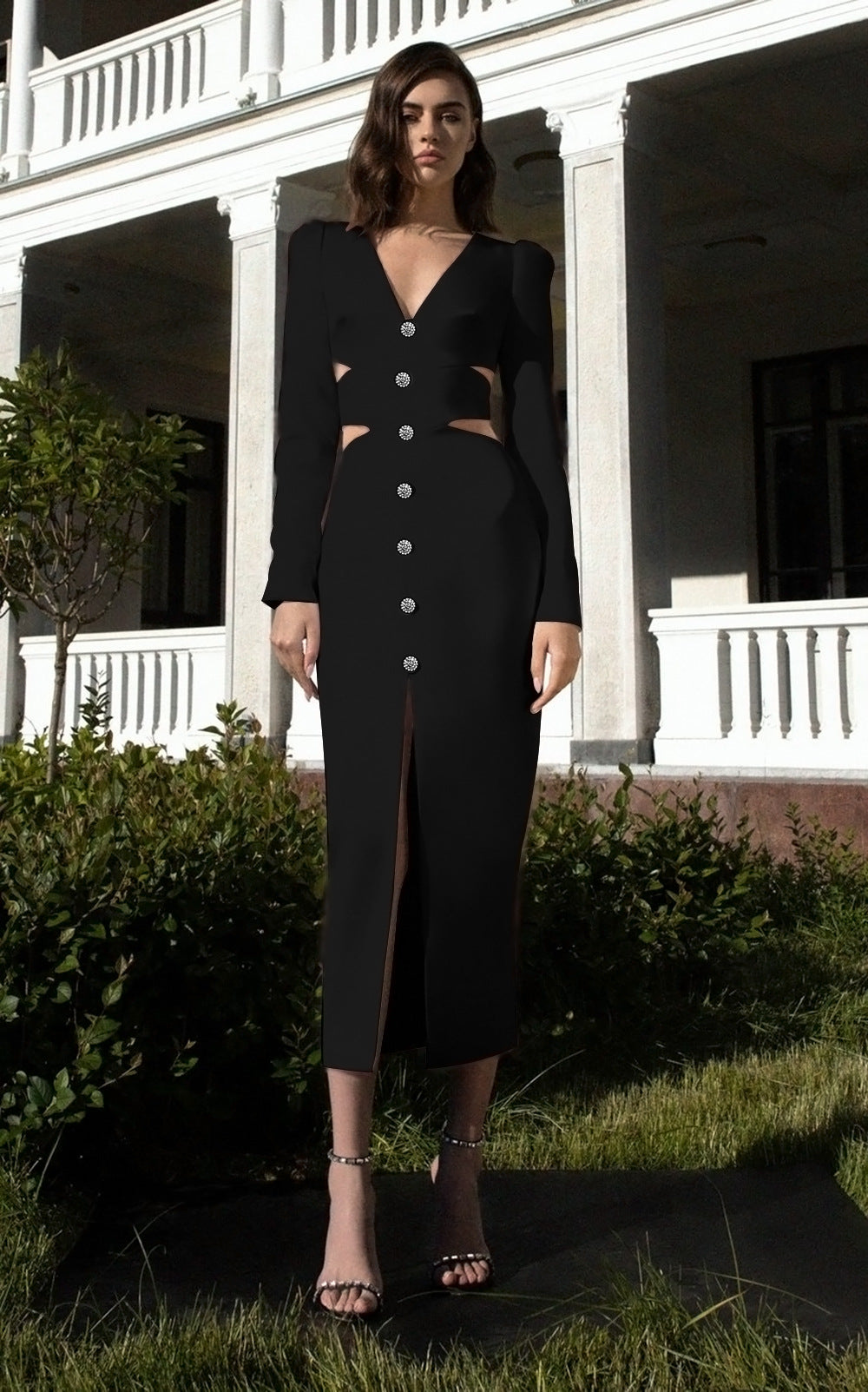Rhinestone Button Deep V Waist Cutout Long Sleeve Front Slit Midi Dress