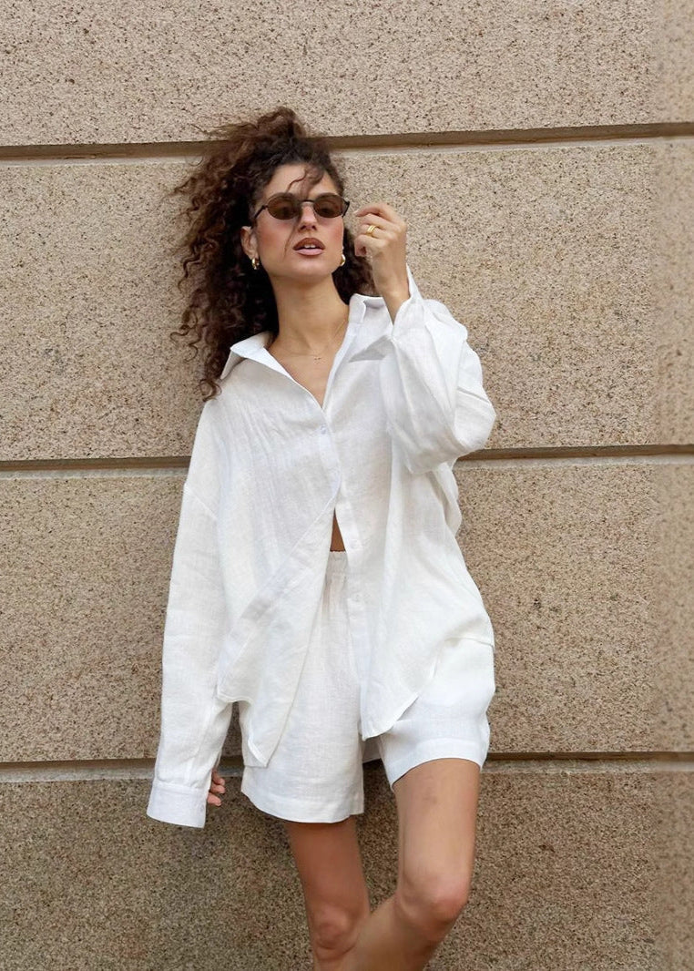Isla – White Linen Shirt and Shorts Set