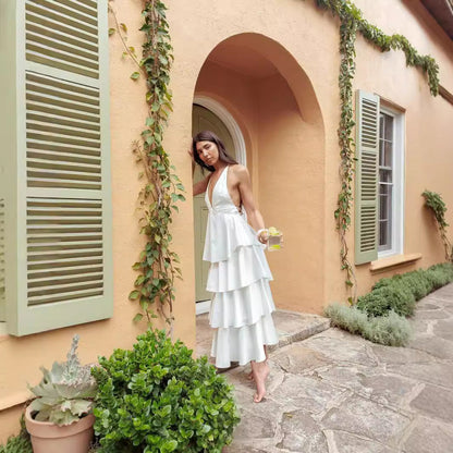 Tiered Dress Deep V Plunge Neck Backless Lace Up Dress