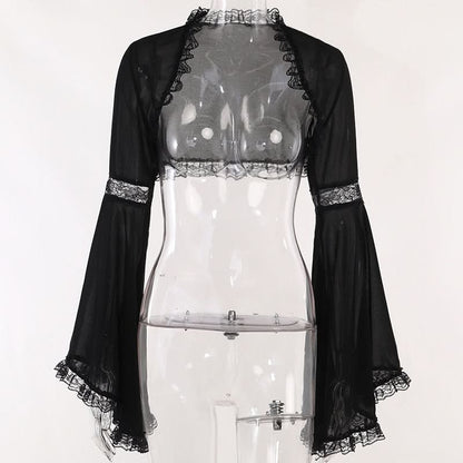 Long flared sleeve lace hem shrug top