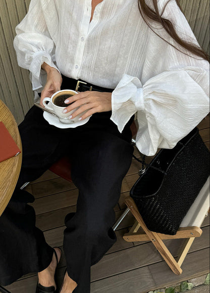 Averine - White Button-Up Shirt with Statement Balloon Sleeves