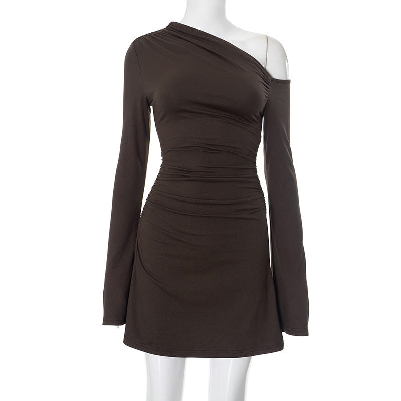Print One-Shoulder Ruched Long Sleeve Bodycon Mini Dress