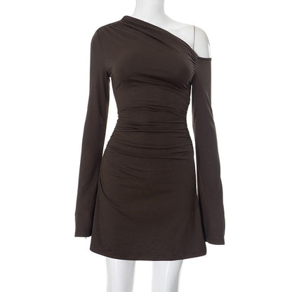 Print One-Shoulder Ruched Long Sleeve Bodycon Mini Dress